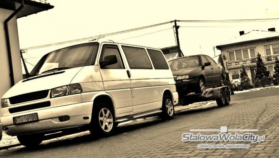 Bus z lawetą, transport aut motocykli quadów, autoholowanie 